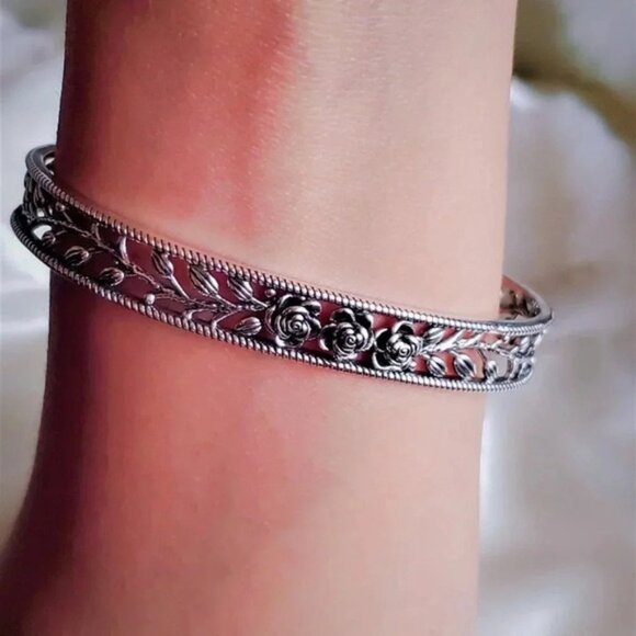925 Sterling SIlver Rose Bangle Bracelet Rose Flower Engraved Bracelet - Picture 7 of 8